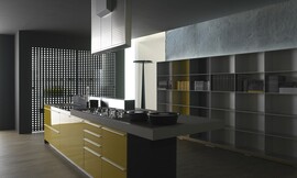 Design eilandkeuken met verlengd aanrechtblad als bar. Open kast en design afzuigkap. Fronten grijsbeige met brede horizontale grepen. Met design afzuigkap en open kastenwand. Zuordnung: Stil Luxe keukens, Planungsart Keuken met keukeneiland