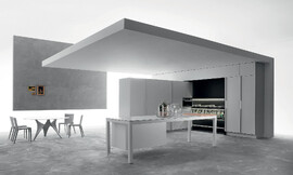 Modern keukenconcept. De modellen Banco en Tivalì harmoniëren met elkaar. Een compromisloze en ondecoratieve vormentaal en nadruk op functionaliteit. Zuordnung: Stil Design-keukens, Planungsart Keuken met zitgelegenheid