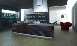 Design eilandkeuken met verlengd aanrechtblad van aluminium als bar. Open kast en design afzuigkap. Fronten donkergrijs met horizontaal patroon. Tegen de achterwand zitten planken waardoor u uw servies zichtbaar en binnen handbereik kunt opbergen. Zuordnung: Stil Design-keukens, Planungsart Open keuken (woonkeuken)